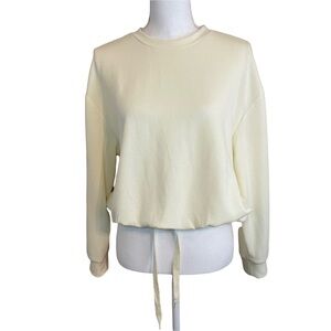 Magaschoni Cream Neutral Soft Cinched Waist Crop Crewneck Sweatshirt. Medium